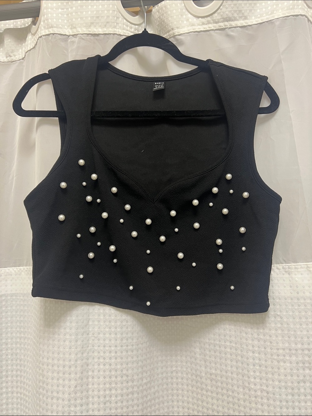 SHEIN Black Pearl-Embellished Crop Tank